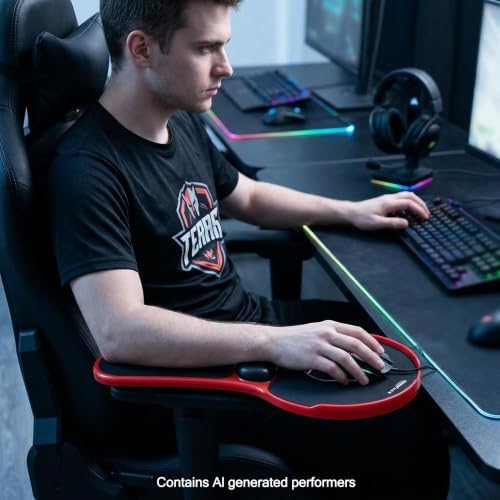 Ergonomic Adjustable Chair Arm Rest Mouse Pad with Wrist Cushion,Mouse Extension Platform Tray with Anti-Fall Baffle, Chair Attachment Arm Support with Straps (Red)