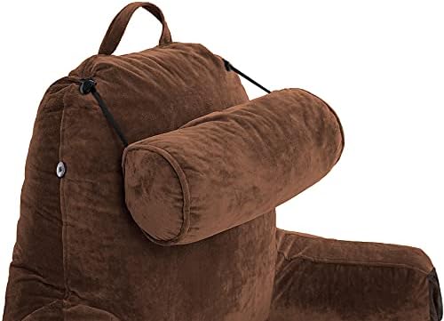 Husband Pillow Medium Reading Pillow with Arms - 23" Backrest for Sitting Up in Bed - Firm Support Bed Rest Pillow for Adults, Neck Roll, Removable Cover - TV, Reading, Lounging - Chocolate