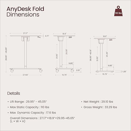 TopJob ANYDESK FOLD Mobile Standing Desk, Portable with Lockable Wheels, Foldable Stand Desk, Rolling Computer Workstations, Used for Home, Couch Side Table, Bedside Table in Bed Room Kitchen