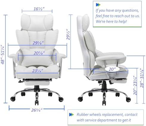 Efomao Big and Tall Office Chair 400lbs, Executive PU Leather Desk Chair with Footrest & Lumbar Support, Heavy Duty Computer Seating for Home, White