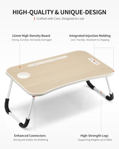 FISYOD Foldable Laptop Table, Portable Lap Desk Bed Table Tray, Laptop Stand with Cup Holder & Tablet Slot & Lifting Handle for Working Writing Drawing & Eating (Maple)
