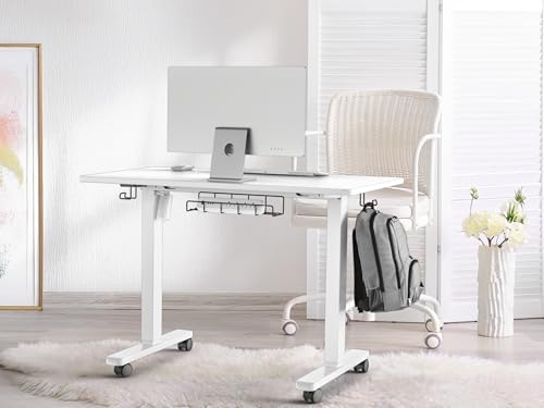 SHW Mobile Electric Height Adjustable Standing Desk w/Drawer, White