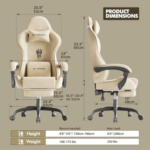 Ferghana Velvet Fabric Gaming Chair, High Back Ergonomic Gamer Chair for Adult, Comfortable Video Game Chair with Footrest and Massage Lumbar Cushion, Racing Reclining Office Computer Desk Chair Beige