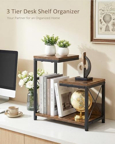 Desk Shelf Organizer, Small Desktop Bookshelf for Desk, Wood Table Top Shelves, Desktop Organizer Shelf for Office, Desk Decor, Nightstand, Home, Corner, 3 Tier Rustic Brown