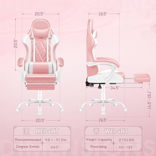 Shahoo Gaming Chair with Footrest and Massage Lumbar Support, Ergonomic Office Computer Seat Height Adjustable with Headrest, Pink