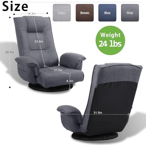 360° Swivel Floor Gaming Chair, Folding Floor Lounge Chair with with Padded Armrest and Back Support,14 Position Adjustable Recliner,Lazy Japanese Floor Chair for Esports,Reading,Napping,Grey