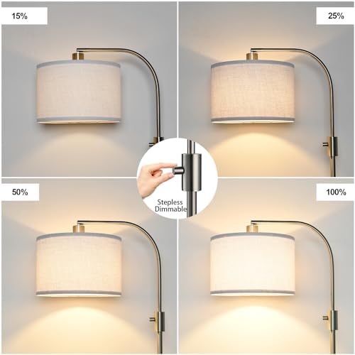 Nintiue Upgraded Modern Arc Dimmable Tall Standing Floor Lamp with Linen Shade, 1200 Lumens LED Bulb Included, for Living & Reading Room, Bedroom, Office & Nursery, Brushed Nickel