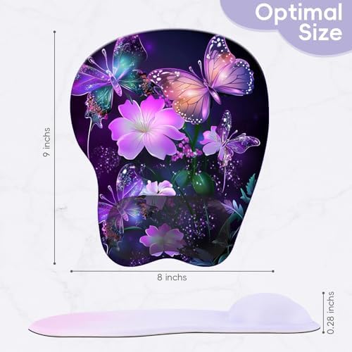Wrist Support Mouse Pad Anti Slip Rubber Wrist Rest Mousepad 9in X 8in Small Desktop Notebook Mouse Mat for Working and Gaming (M-Purple Butterfly)