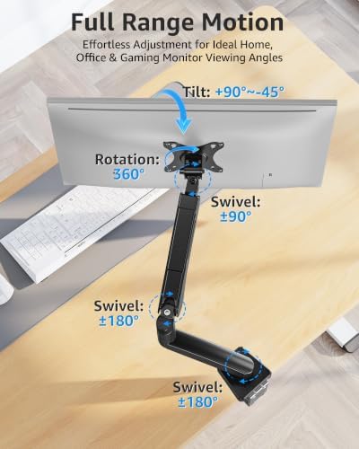 MOUNTUP Single Monitor Desk Mount Holds Screen up to 32 inch, Height Adjustable Monitor Arm, Full Motion Computer Monitors Stand with Clamp/Grommet Base, VESA Mounts Fit 4.4-19.8lbs Computer, Black