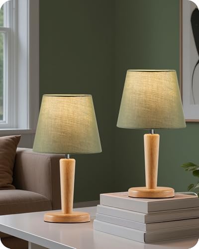 12" Wood Bedside Table Lamps Set of 2, Small Desk Lamps for Small Places, 3 Color Temperatures with Memory, Green Linen Shade & E26 Bulbs, for Bedroom Living Room Office MJ13TLP205