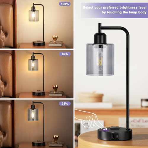 Innqoo Industrial Touch Bedroom Lamps for Bedrooms Set of 2-3-Way Dimmable Table Lamps with USB C+A Ports and Outlet, Bedside Lamps with Gray Glass Shade for Living Room, Desk Lamps for Home Office