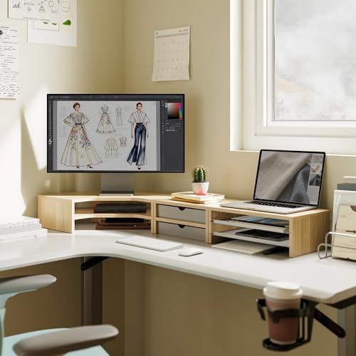 Fenge Dual Monitor Stand, Corner Desk Shelf with Drawer & Slide-Out Tray