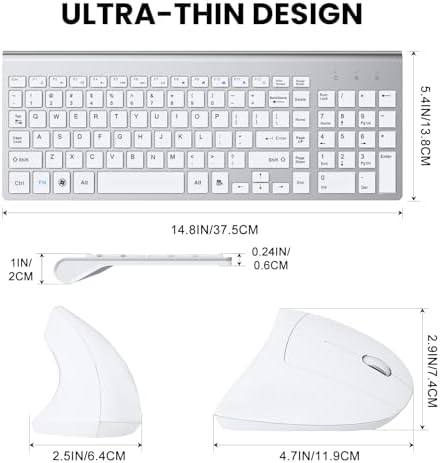 2.4GHz Wireless Vertical Ergonomic Mouse and Keyboard Combo Ultra-Thin Portable Size for PC Desktop Computer Laptop Mac Tablet (A) (Right) (White)