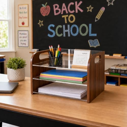 Marsui 3 Tier Desk Paper File Organizer, Acacia & Acrylic Letter Tray