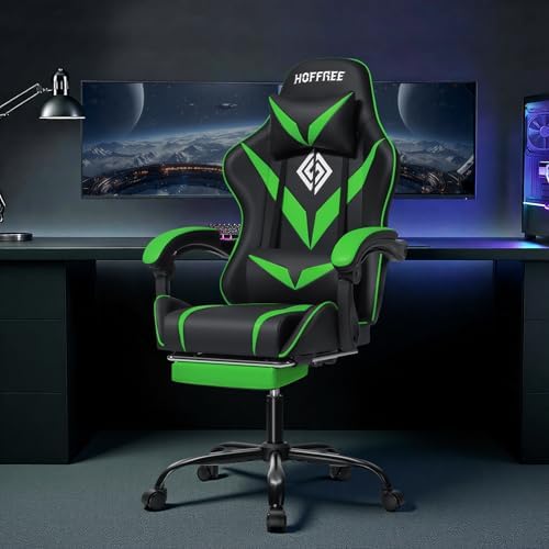 Gaming Chair with Massage Footrest Ergonomic Computer Chair for Boys-Green