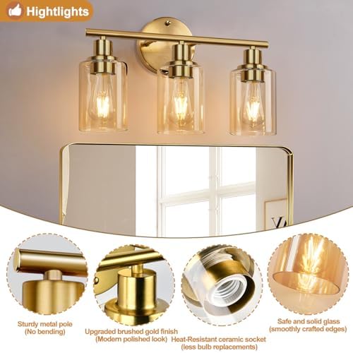 Zarbitta 3-Light Bathroom Light Fixtures, Brushed Gold Vanity Light, Farmhouse Wall Lights with Amber Glass Shades, Bathroom Wall Lamp for Mirror Kitchen Bedroom Hallway Living Room