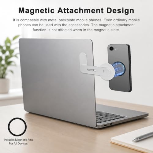 Foldable Magnetic Laptop Side Phone Mount, Adjustable Mag‑Safe Compatible Expansion Bracket for iPhone 12‑17 and Smartphones, Slim Portable Dual‑Screen Office Holder, Silver