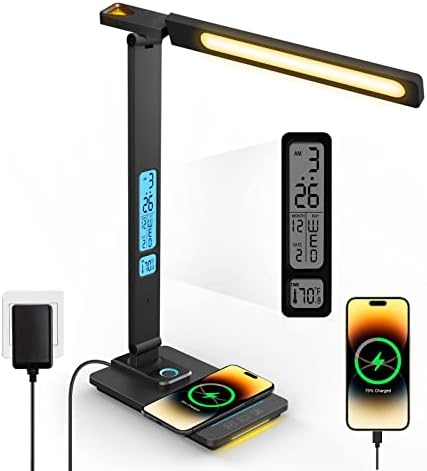LAOPAO LED Desk Lamp with Wireless Charger: Desk Lamps for Home Office Bedroom, 5 Color Modes & Brightness Dimmable, 2 Night Light