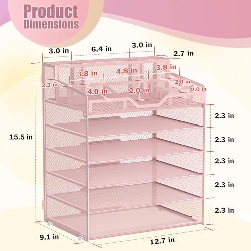 Docnest 6 Tier Mesh Desk Organizer with Letter Tray & Paper Sorter, Pink