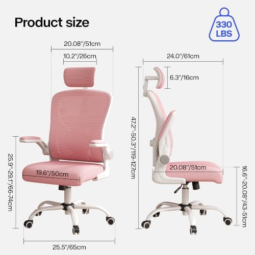 Office Chair, Ergonomic Desk Chair with Adjustable Lumbar Support, High Back Mesh Computer Chair and Headrest, Comfortable Gaming Chairs Rolling Swivel Task Chairs Flip-up Arms(Pink)