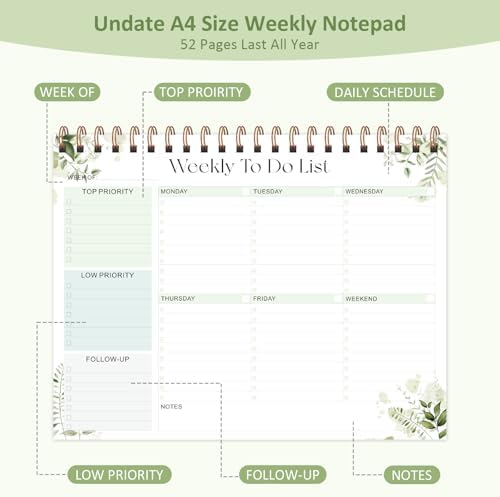 Weekly To Do List Notepad, 52 Sheets, Undated Weekly Planner, Letter Size