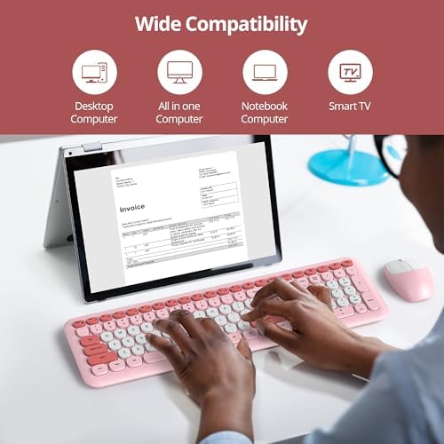 surmen Cute Wireless Keyboard and Mouse Combo, Pink Wireless Keyboard with Silent Mouse, Full Size Slim Low-Noise Soft Touch Round Keys for Home and Office,（6-Pink）