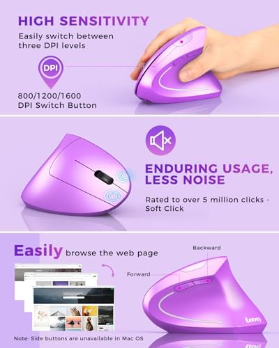 Lekvey Ergonomic Mouse, Rechargeable Vertical Wireless Mouse, Purple