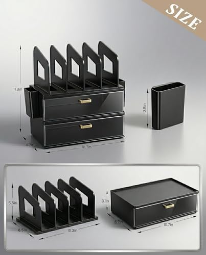 LALOBLUE Acrylic Desk Organizer with Drawer and Vertical File Holder, Desk Organizers and Accessories, Multi-Functional Office Supplies Organizer for Home or Work Desk, Black