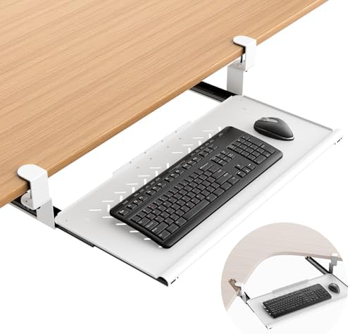 Keyboard Tray Under Desk - Full Metal Slide Out Holder, Rust-Resistant & Scratch-Proof, Double C-Clamps, 26x13" Tray for L Shape/Regular Desks, Standing/Sitting Workstation(White-A)