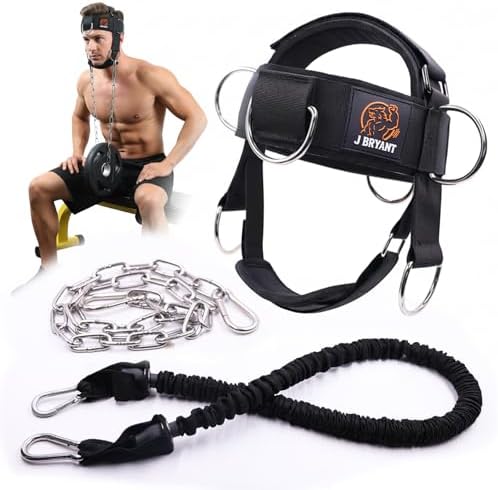 Adjustable Neck Harness for Resistance Bands & Weightlifting, Head Strap with 6 D-Rings for Multi-Directional Neck Training, Padded Chin Support for Athletes & Rehab Exercises