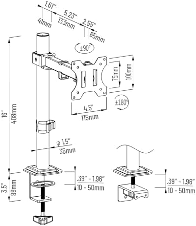 Mind Reader Single Monitor Desk Mount for 13–32 Inch Screens, Adjustable Arm with 180° Rotation, ±90° Swivel, ±45° Tilt, VESA 75x75/100x100, Integrated Cable Management, Up to 17.6 lbs Load, Black