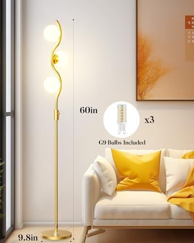 Lightdot 60IN Gold Floor Lamp Stepless Dimmable Globe Floor Lamps with 3Pcs 3000K Bulbs Included Eye-Friendly Mid Century Standing Lamps with 5Lbs Heavy Base for Living Room/Bedroom/Sofa Beside