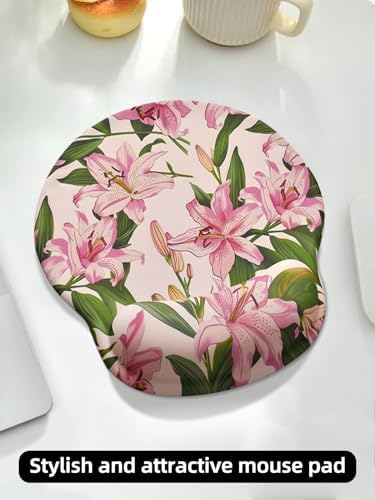 Lily Floral Mouse Pad Wrist Support Wrist Rest, Flower Ergonomic Mouse Pad with Non-Slip Base for Office Gaming Working Computers,Desk Accessories Pain Relief Mouse Mat, Green