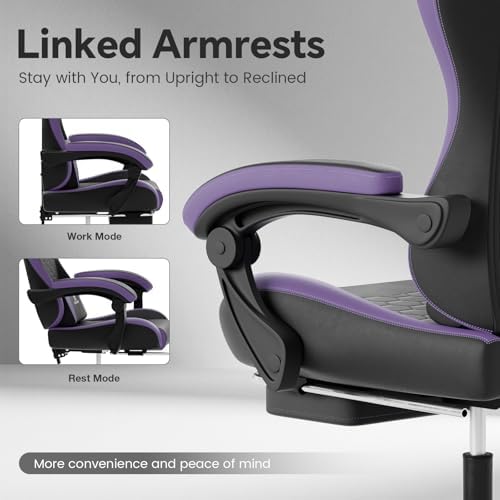 Gaming Chair, Computer Office Chair with Footrest, Adjustable Height & Backrest Gaming Chairs with Swivel for Adults, High Back PU Leather Ergonomic Chair with Lumbar Support, Blackpurple