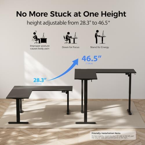 Agilestic L Shaped Electric Standing Desk Adjustable Height, 63 Inch, Black