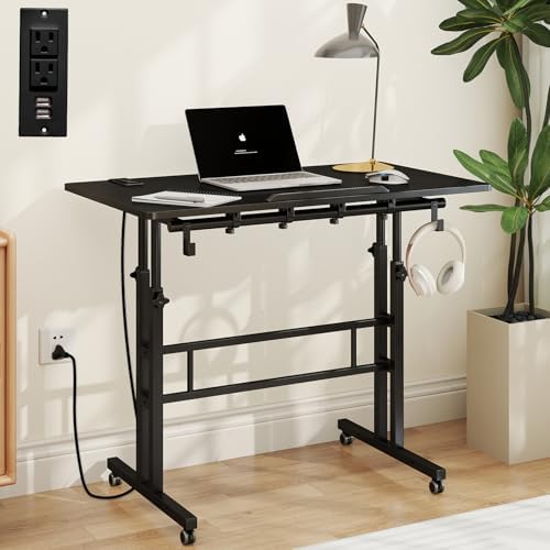 SIDUCAL Portable Standing Desk Adjustable Height, Rolling Computer Desk on Wheels, Mobile Home Office Workstation with USB Ports and Outlets, Laptop Cart for Standing or Sitting, 31.5" x 23.6" Black