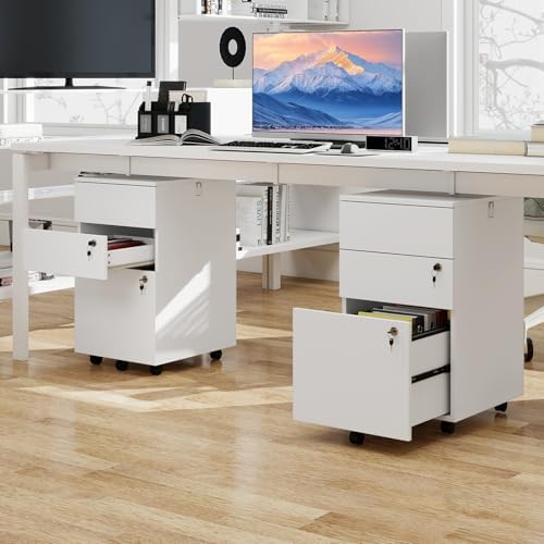 LOKO Mobile File Cabinet with 3 Drawers, Under Desk File Organizer (White)