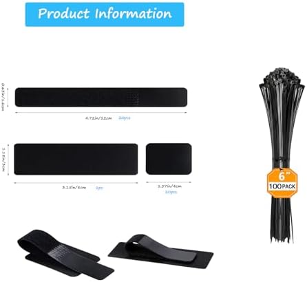 Under Desk Cable Management Kit: 20 Adhesive & 100 Zip Ties Black