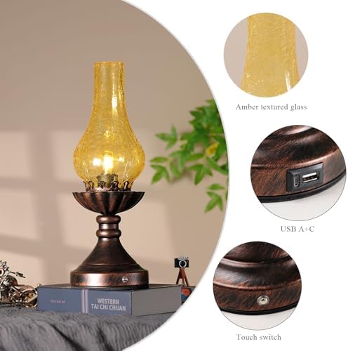 Farmhouse Rustic Touch with USB A+C Charging Ports Table Lamps ，Bedroom Bedside Vintage Lantern Hurricane Lamps-USB