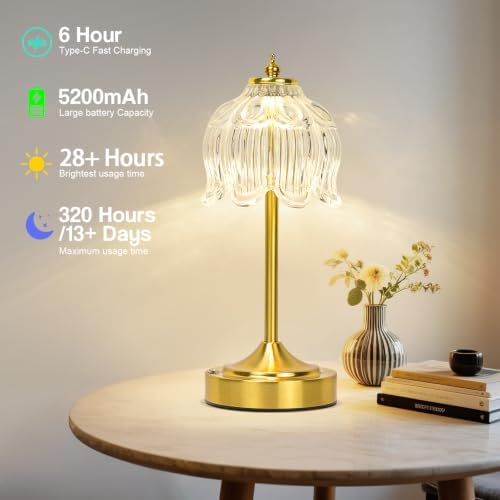 Cordless Table Lamp, Rechargeable Clear Glass Lotus Flower Lamp
