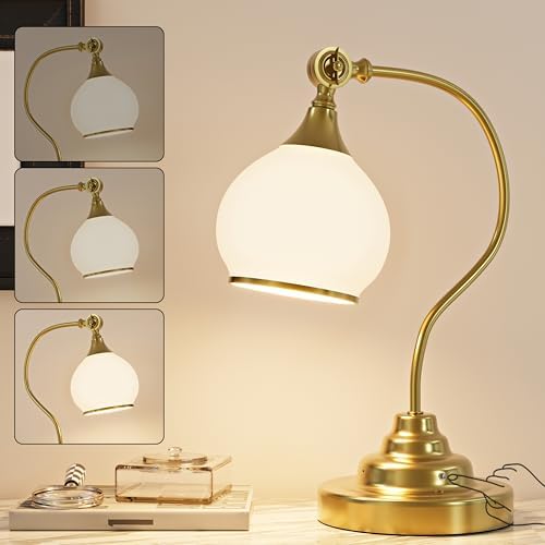 Vintage Cordless Lamp, Gold Desk Lamp, Milky Glass Rechargeable Table Lamp