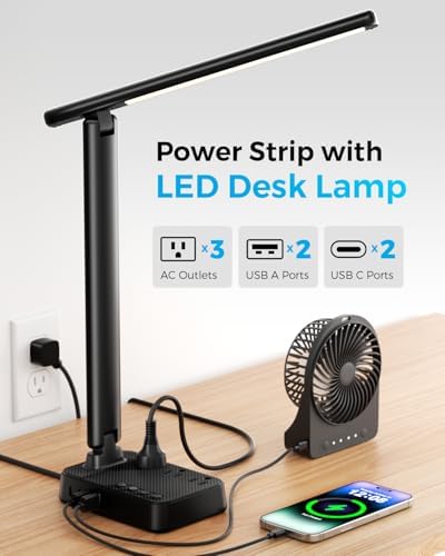 LED Desk Lamp with Power Strip, 3 AC Outlets, 4 USB Ports, Stepless Dimming