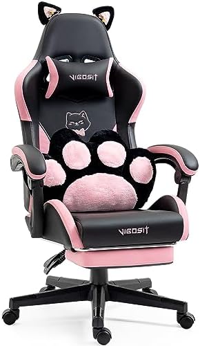 Gaming Chair, Cute Cat Gaming Chairs with Paw Lumbar Cushion for Girls, Video Gamer Chair with Footrest for Girl Teen Woman (Blackpink-A)
