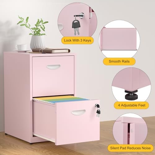 SteeLoong 2 Drawer File Cabinets,Metal Office File Cabinet with Lock,Pink