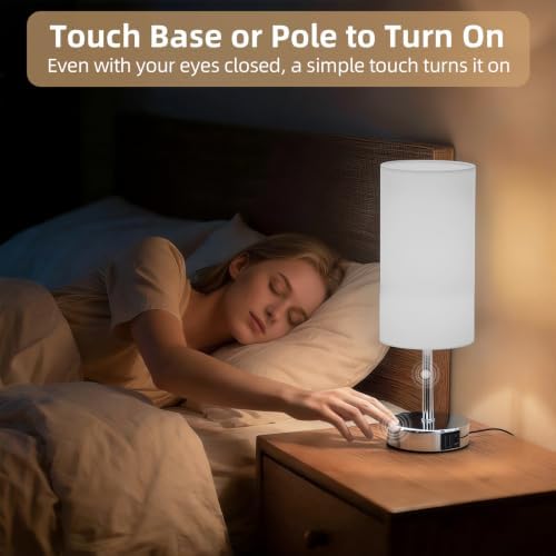 Table Lamp, Dimmable Touch, AC Outlet, USB A+C (White&Silver)