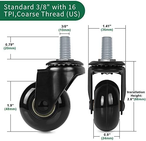 8T8 2" Office Chair Caster Wheels Replacement for Carpet, Heavy Duty Rubber Chair Wheels with Threaded Stem 3/8''-16x1, Quiet and Smooth Rolling for Hardwood Floors - Set of 5