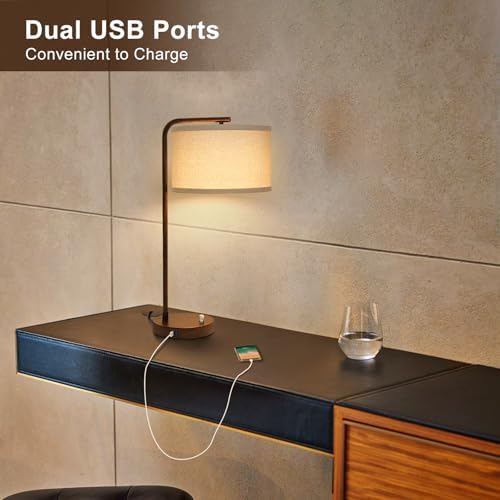 Vintage Table Lamp, Fully Dimmable Bedside Lamp with C+A USB Charging Ports
