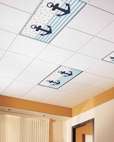 Christmas Anchor Magnetic Fluorescent Light Covers for Ceiling Lights 2 x 4 Feet,Nautical Sea Star Shell Stripe Blue Office Classroom Kitchen Drop Ceiling Light Covers Filters Shade Panel 2 Packs