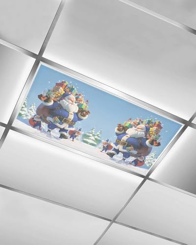 Blue Santa Claus Magnetic Fluorescent Light Covers for Ceiling Lights 2 x 4 Feet,Christmas Tree Forest Snowy Xmas Tree Office Classroom Kitchen Drop Ceiling Light Covers Filters Shade Panel 1 Pack