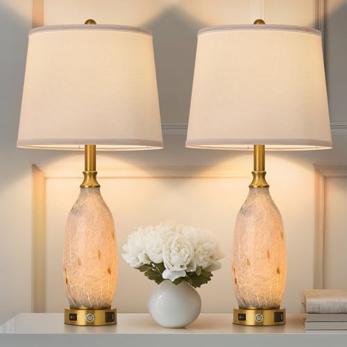 AIDENOEY 26" Modern Art Glass Table & Bedside Lamp, Stepless Dimmable Base + Dimmable 3-Color Light, USB A/C Charging Ports, Touch Control & Switch for Bedroom, Living Room, Office, Study